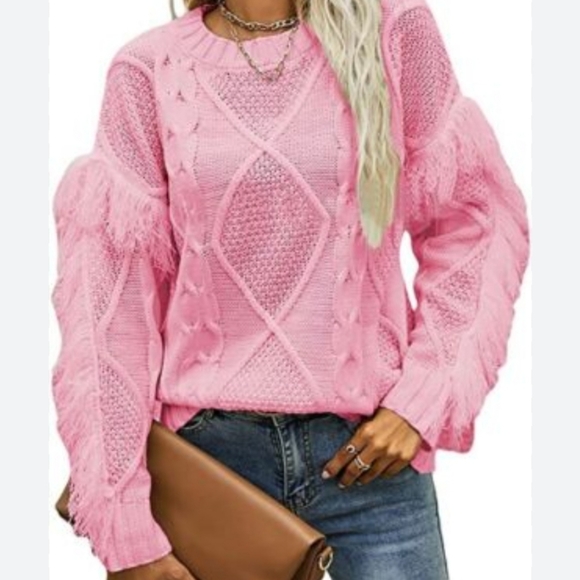 &merci Sweaters - &MERCI NWOT Dropped Shoulder Fringe Sleeve Cable Knit Sweater Pink Size Large